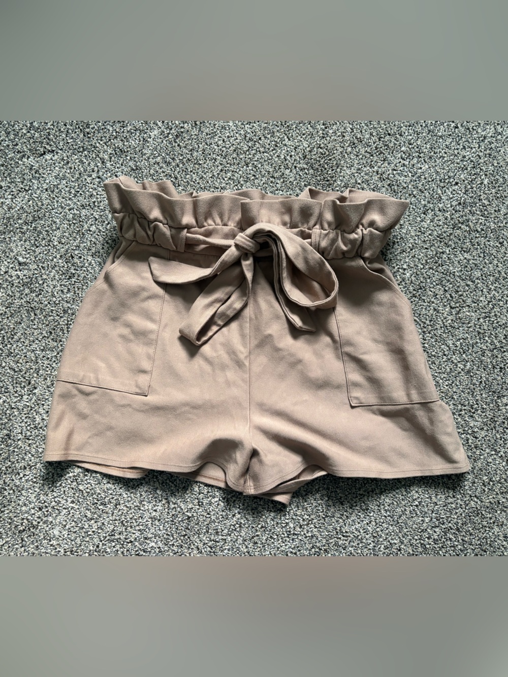 Express High-Waist Paperbag Shorts in Taupe